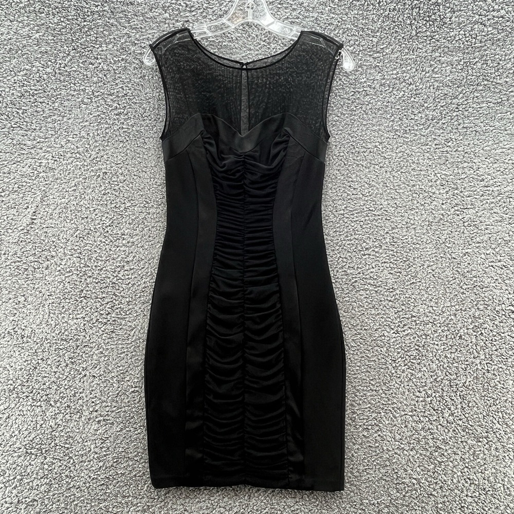 VTG 90s Cache Dress Womens 4 Black Ruched Sheer Mini Bodycon Party Sheath